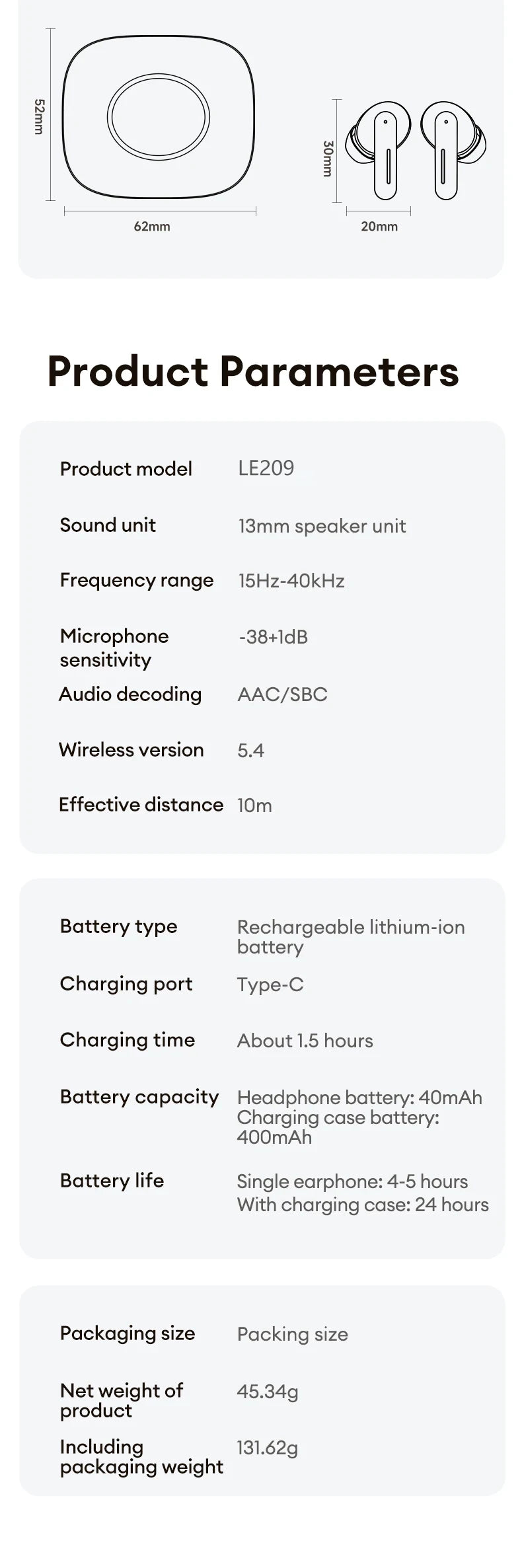 Nuevos auriculares inalámbricos Bluetooth Lenovo LE209 con cancelación de ruido ANC, música HiFi, auriculares Bluetooth con 30 horas de duración de la batería, auriculares para juegos