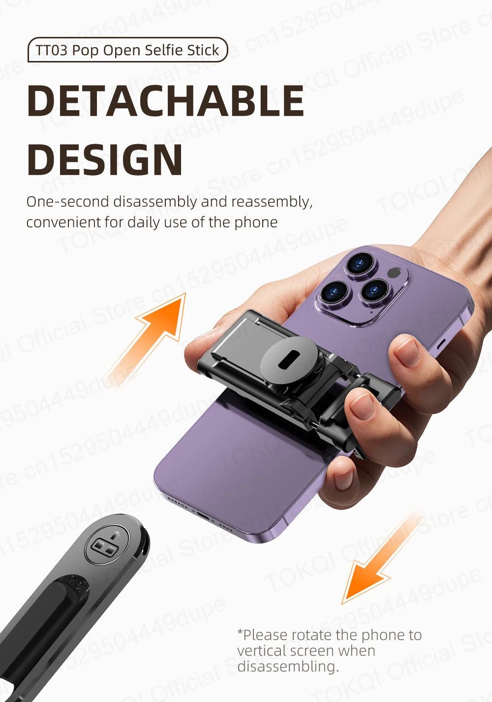 TOKQI TT03 — Perche à Selfie Extensible 1.76m Ouverture Auto Télécommande Magnétique