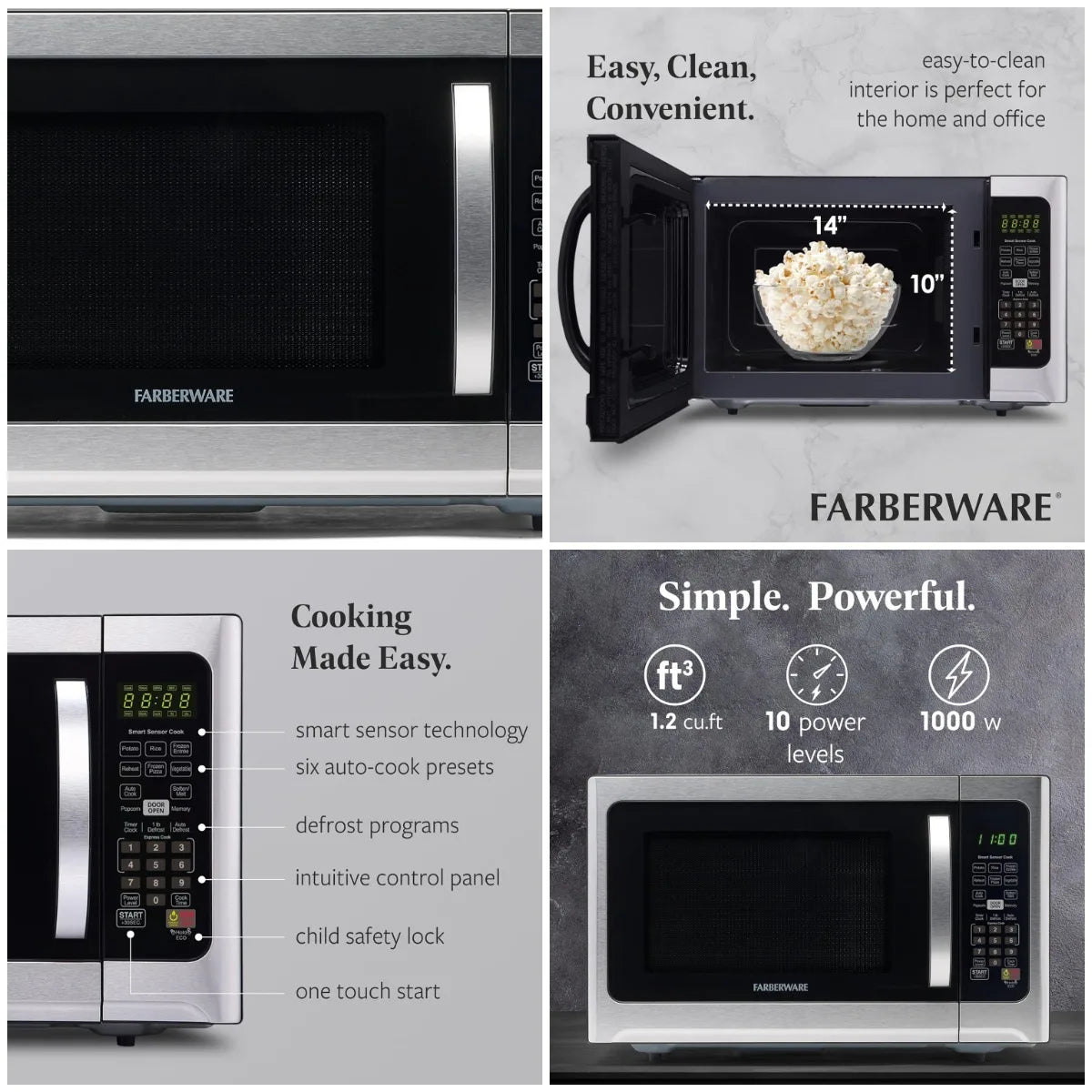1,2 Cu. Four à micro-ondes de comptoir – 1000 Watts de puissance, réglages de cuisson automatiques intelligents, dégivrage, nettoyage facile et protection enfant