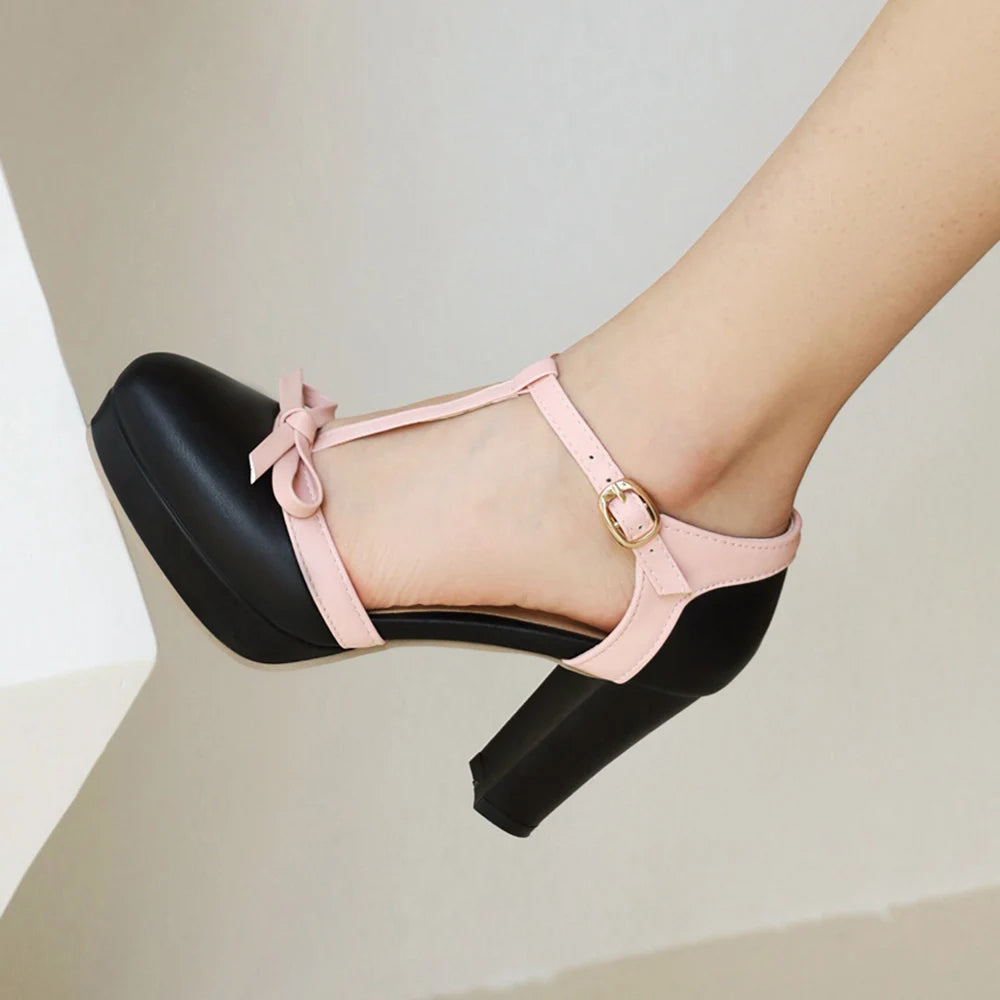 Zapatos de tacón alto con punta redonda para mujer, tacones de plataforma con lazo, zapatos de fiesta de boda, talla grande