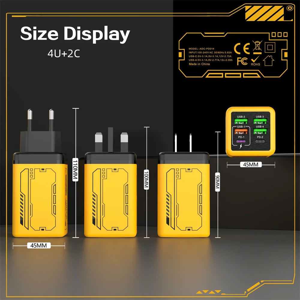 240W 6-Port USB Charger, Fast Charging Wall Adapter for iPhone Huawei Xiaomi, Travel Mobile Phone Charger, EU/US/UK Type C PD Plug