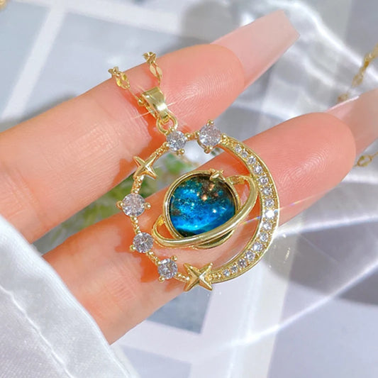 Y2K – Starry Sky Planet Necklace, Luxurious Light, Magnificent Temperament, Star and Moon, Versatile Stainless Steel Clavicle Chain