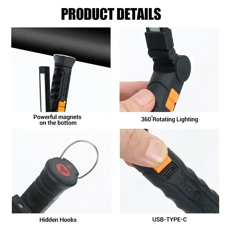 Lampe de Poche LED COB Portable, Rechargeable par USB, Lanterne Magnétique de Travail, avec Batterie spatirée, Torche de Camping