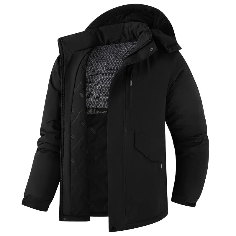 Men's thick waterproof winter jacket, windproof, detachable hood, multi-pockets, work windbreaker, Safari