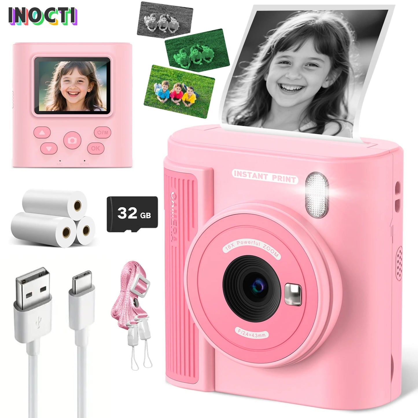 INOCTI Kids Print Camera, Digital Camera for Toddlers, Three Print Papers and 32G Card, for Girls & Boys, Christmas Birthday Gifts