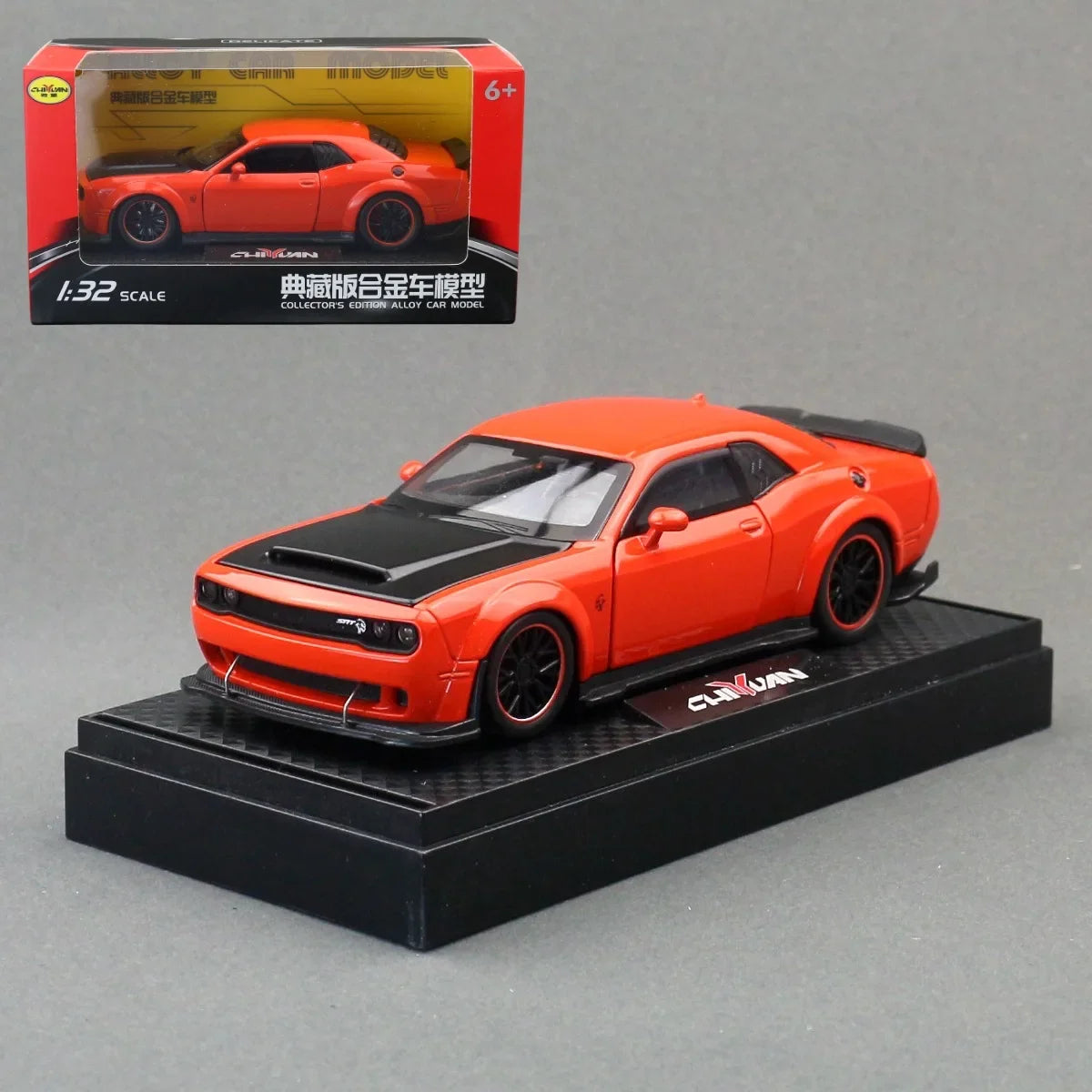 Modelo de coche de aleación Dodge Challenger Hellcat SRT 1:32 con sonido y luz, vehículo de juguete de metal con retrofricción, regalo para niño, colección en miniatura