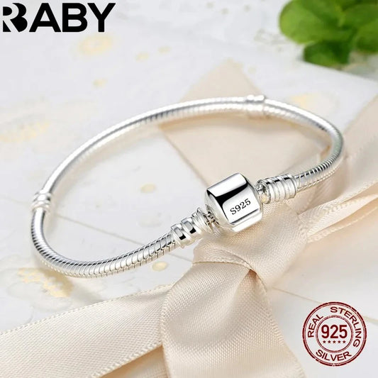 Original Handmade Fine Jewelry, 925 Sterling Silver Smooth Snake Bone Charm Bracelet for Women