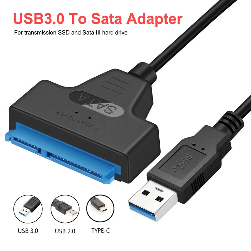 Adaptateur SATA vers USB 3.0/2.0/type-c, câble Sata jusqu'à 6 Gbps, prise en charge du disque dur externe SSD de 2.5 pouces, câble Sata III à 22 broches