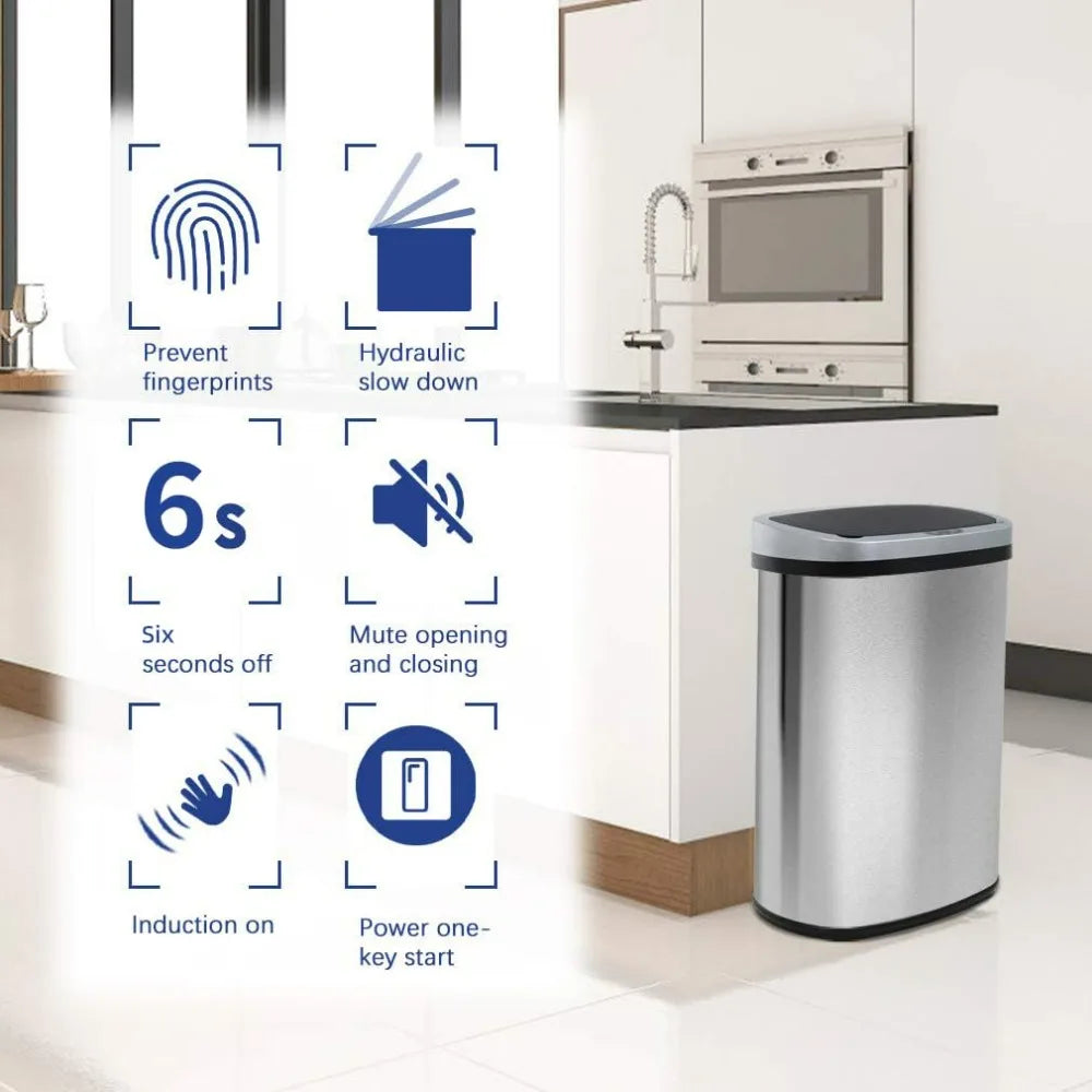 Poubelle 13 gallons avec couvercle automatique sans contact — contrôle des odeurs, design ovale, facile à nettoyer