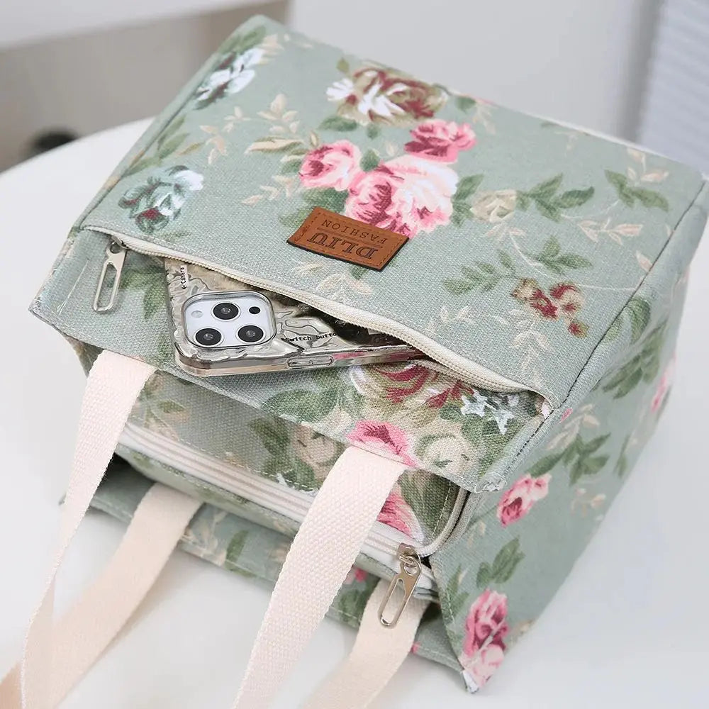 Bolsa de almuerzo estética con estampado floral, bolsa bento aislada de gran capacidad, bolsa térmica para la escuela, el trabajo, los viajes y pícnic