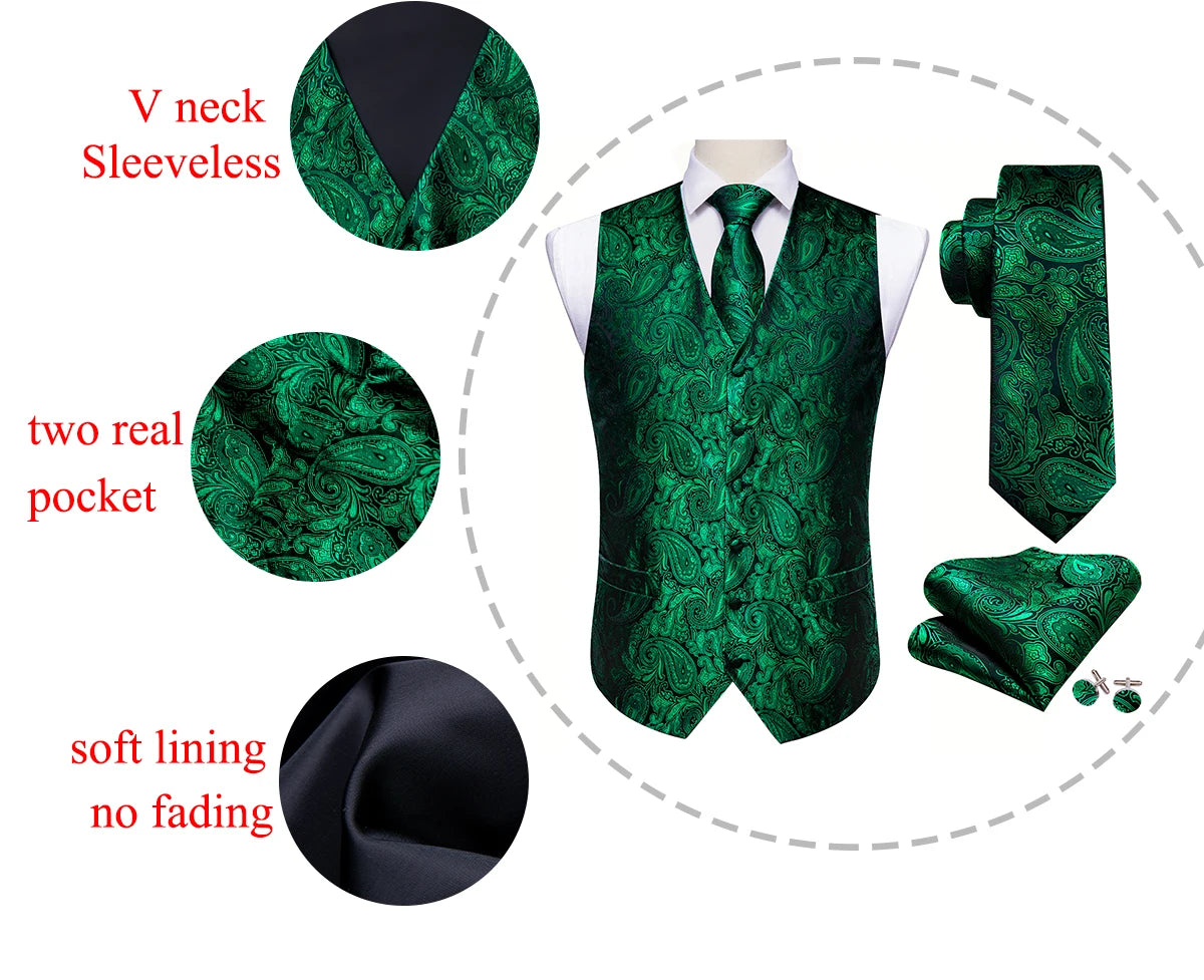 Lujo para hombre, conjunto de chaleco verde Paisley Floral Slim, para hombre, chaleco de vestir sin mangas, formal de trabajo, con corbata y pañuelo, de Barry Wang