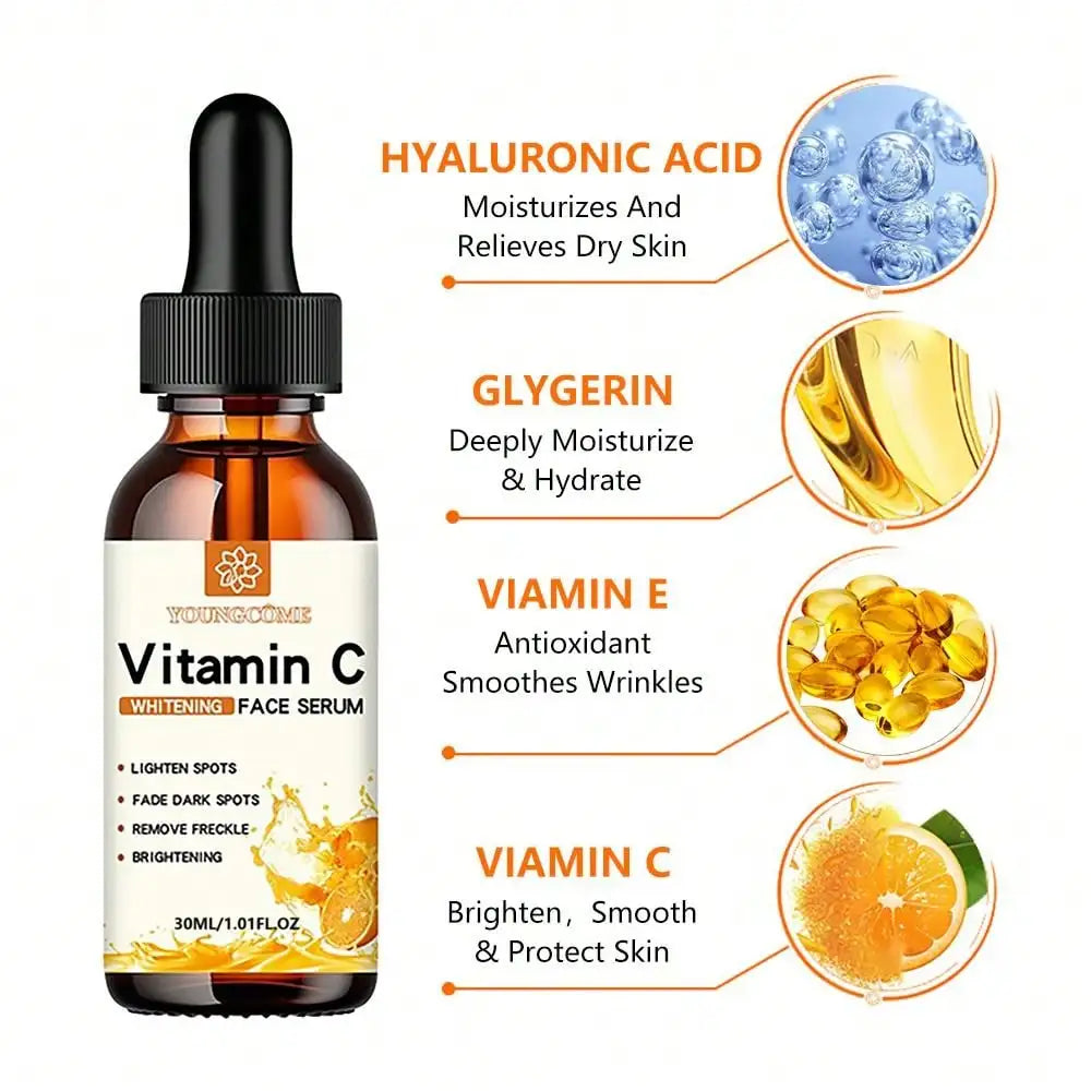 La esencia facial de vitamina C contiene ácido hialurónico, quita manchas oscuras, reparador, hidratante, esencia antienvejecimiento, cuidado facial de la piel 30ml