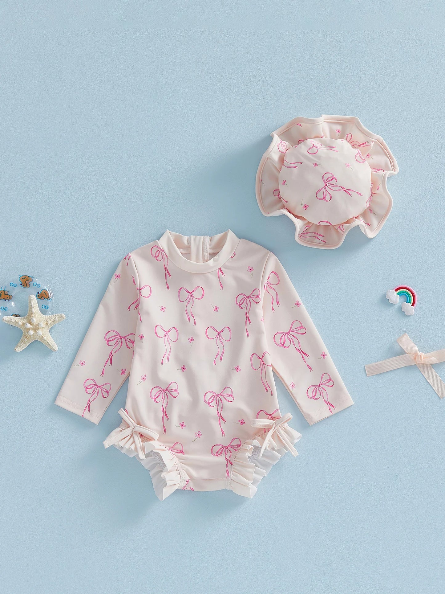 Maillot de bain pour bébé fille, protection contre les éruptions cutanées, imprimé nœud, à volants, manches longues, col rond, vêtements de plage, combinaison et chapeau, ensemble 2 pièces