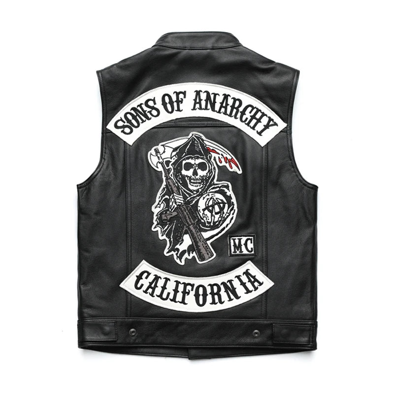 Hombres Moto Primavera Chaquetas SOA Punk Negro Motocicleta Chaleco Hijos de la Anarquía Cuero Moto Chaqueta Chaleco