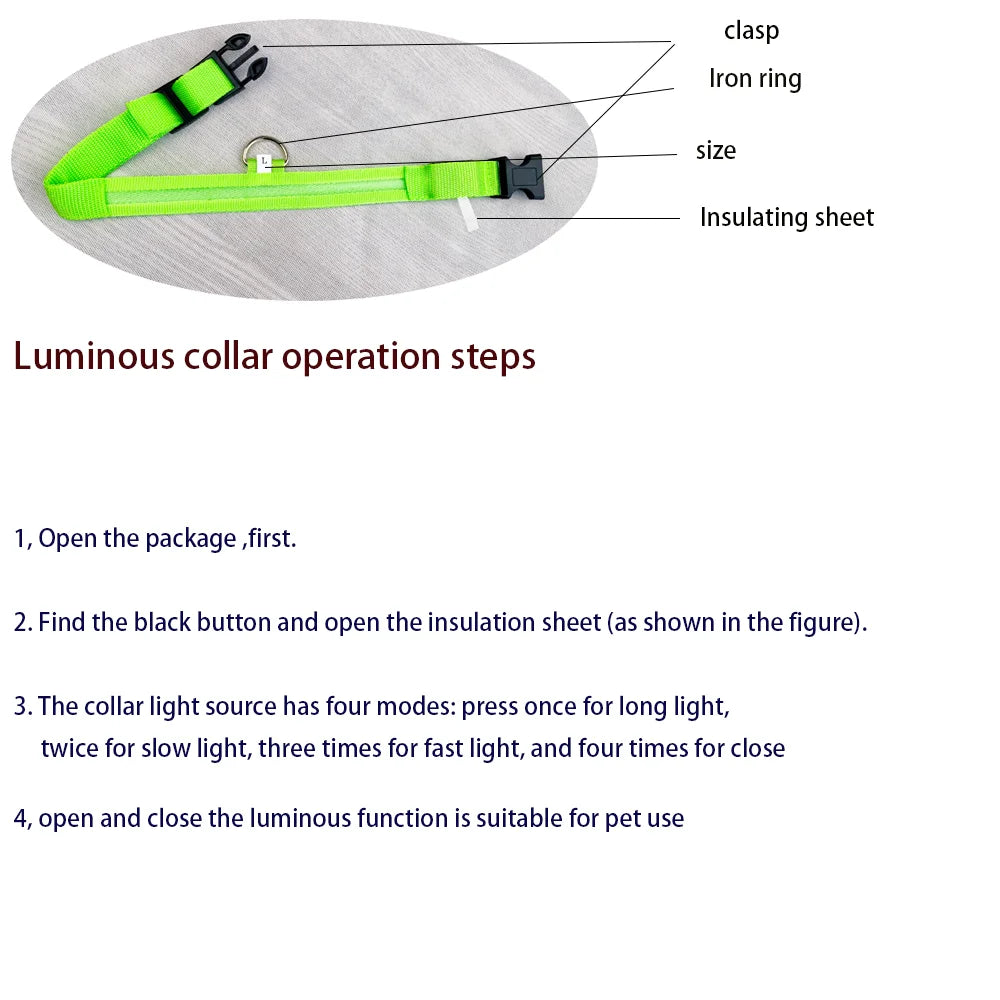 Correa LED de nailon intermitente para perros, seguridad nocturna, brilla en la oscuridad, collar estructural para perros de compañía Shoous