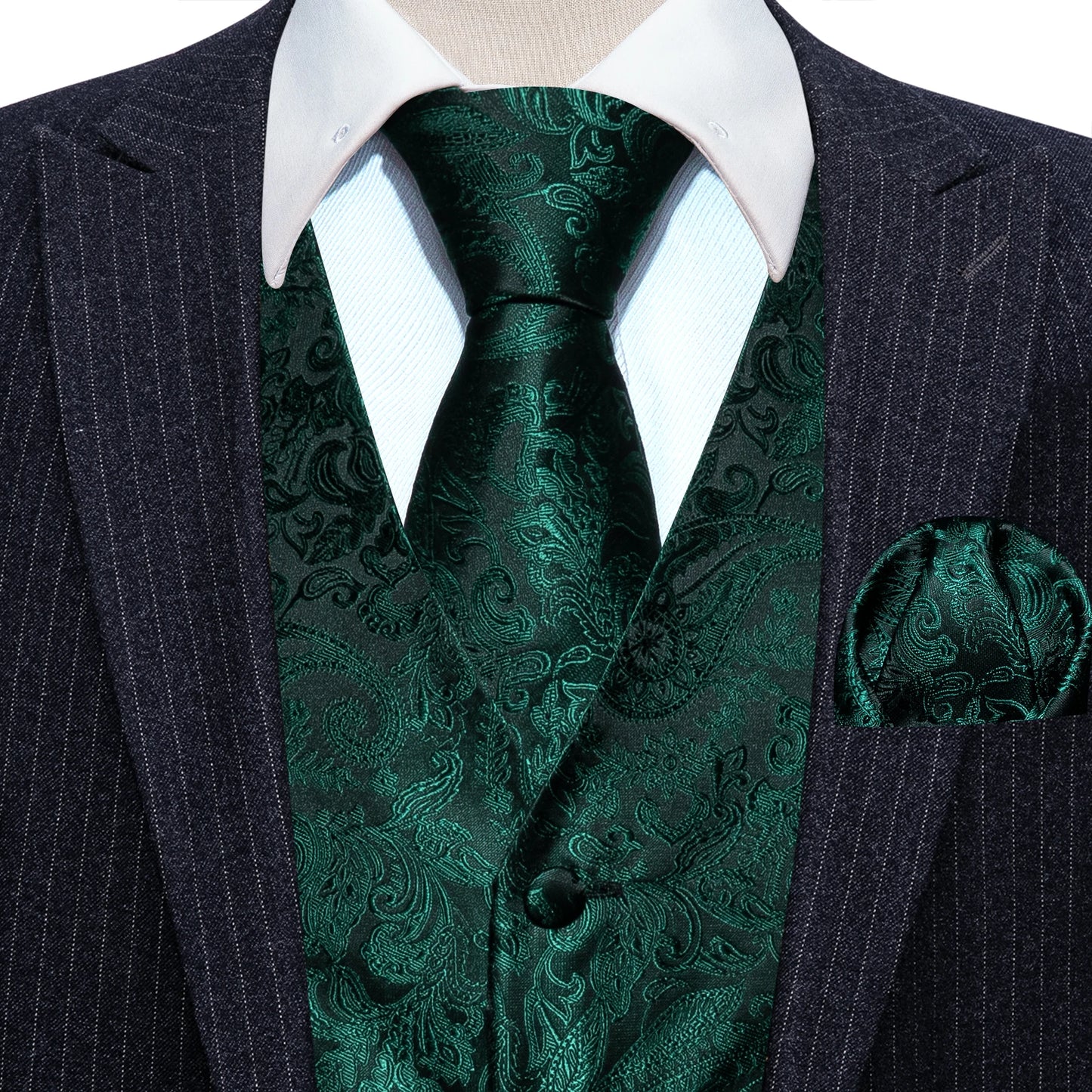 Lujo para hombre, conjunto de chaleco verde Paisley Floral Slim, para hombre, chaleco de vestir sin mangas, formal de trabajo, con corbata y pañuelo, de Barry Wang