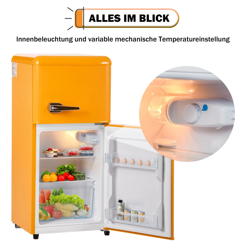 Combinaison réfrigérateur-congélateur rétro 45,5 cm de large, 2 portes 60 litres de volume total, volume de congélateur 22 litres. 102 KWh/année,