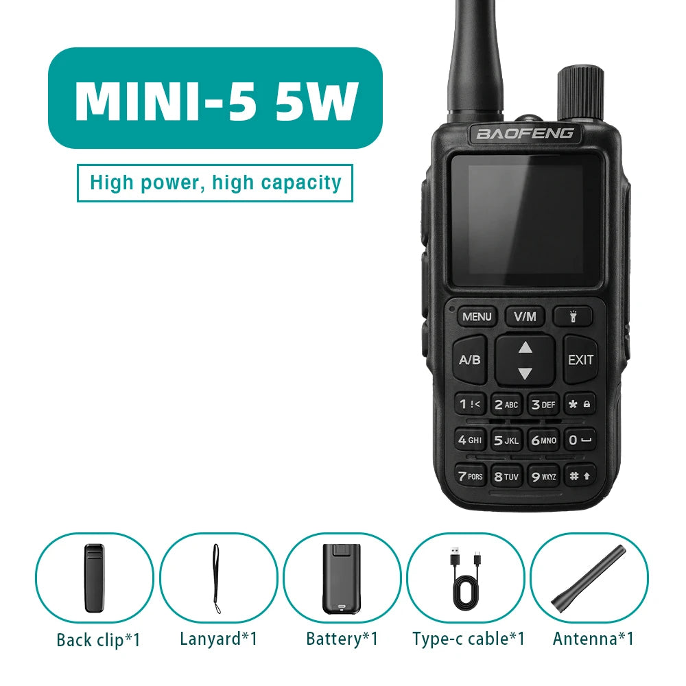 Mini talkie-walkie Baofeng MINI-5, double bande UV, Bluetooth, FM, sélection de fréquence à un bouton, idéal pour les voyages.