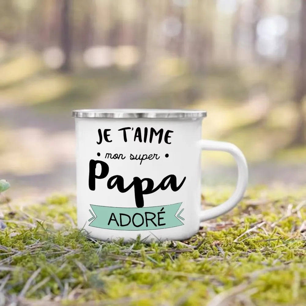 Meilleur papa et maman du monde tasse imprimée française boisson en plein air lait tasse à café Camping tasses en émail cadeau d'anniversaire festif pour papa maman