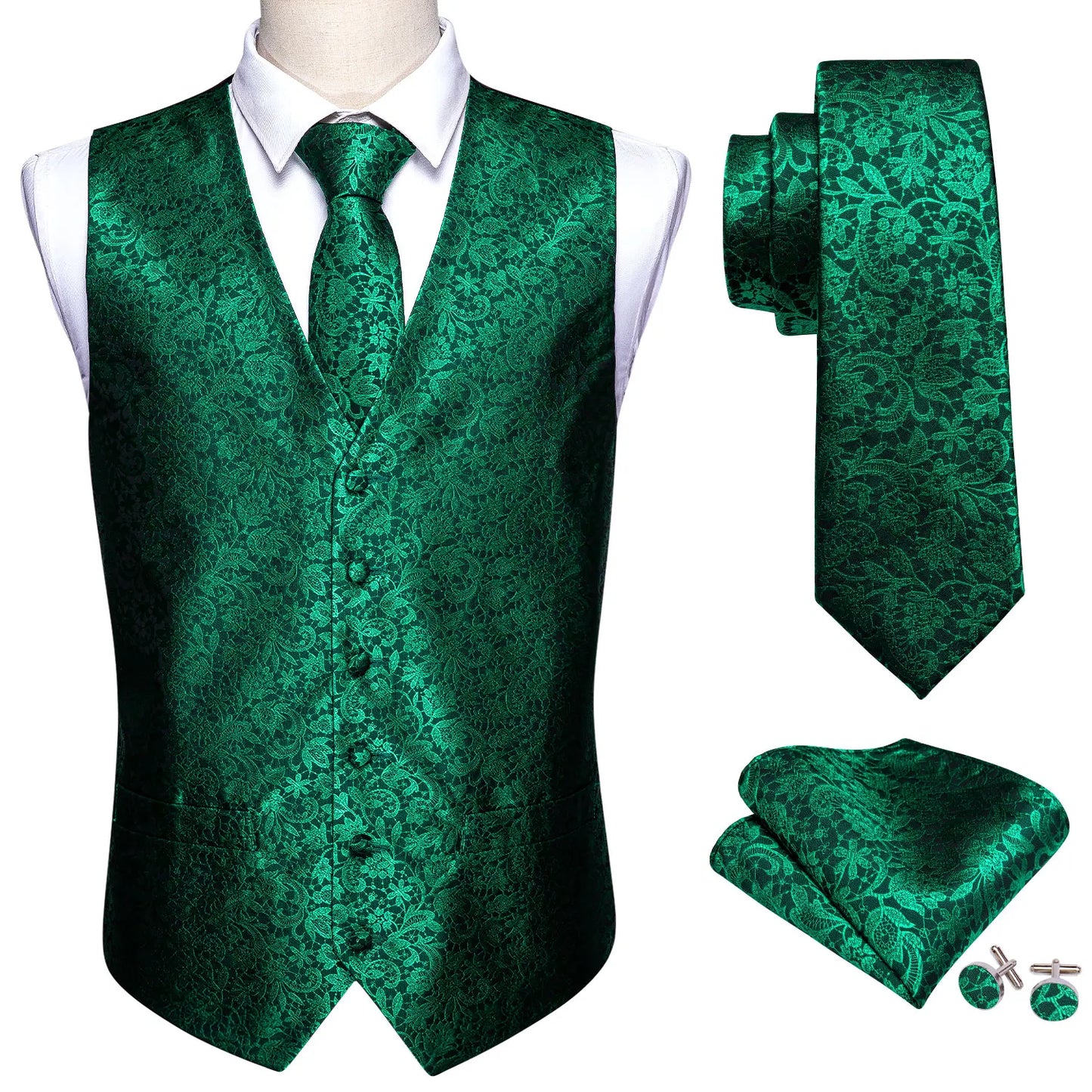 Lujo para hombre, conjunto de chaleco verde Paisley Floral Slim, para hombre, chaleco de vestir sin mangas, formal de trabajo, con corbata y pañuelo, de Barry Wang