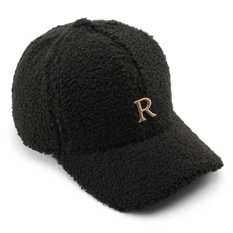Casquette de baseball en laine d'agneau verte — lettres dorées, trucker, hiver (v2)