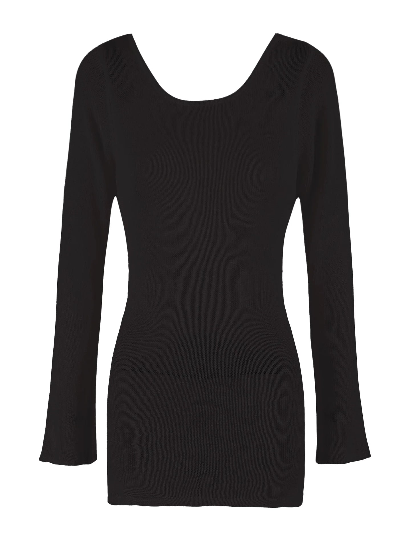 Robe de plage en tricot transparent pour femmes, dos nu, manches cloche, couleur unie, coverups de bain, élégante, col rond, mini, été, 2025, K98