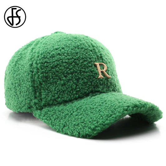 FS Luxury Brand Green Lambswool Baseball Caps for Men, Designer Cap with Golden Letters for Women, Winter Warm Trucker Hat, Women's Cap