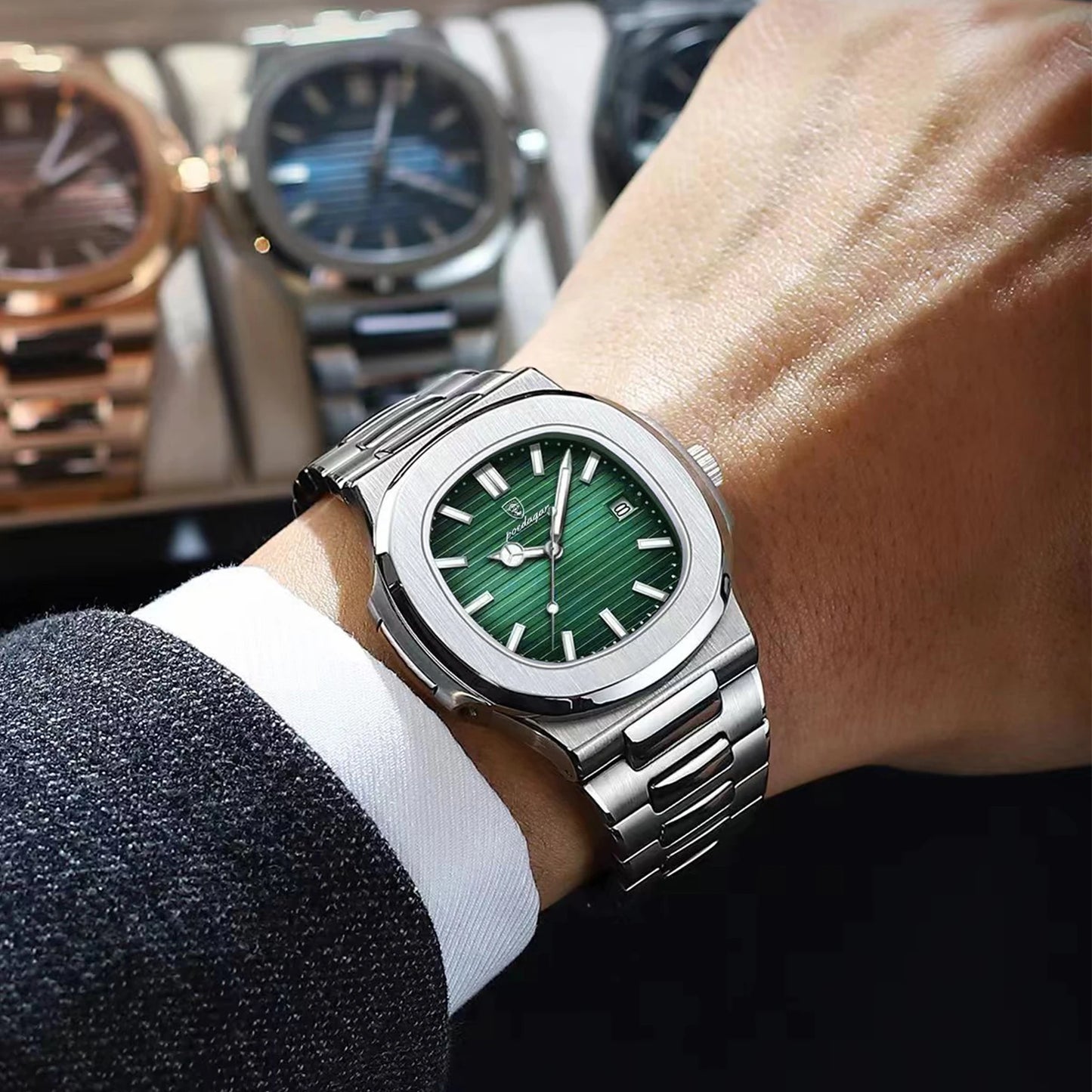POEDAGAR - Reloj de pulsera cuadrado de moda para hombre, luminoso, impermeable, de acero inoxidable, reloj de cuarzo para hombre, de negocios, Reloj