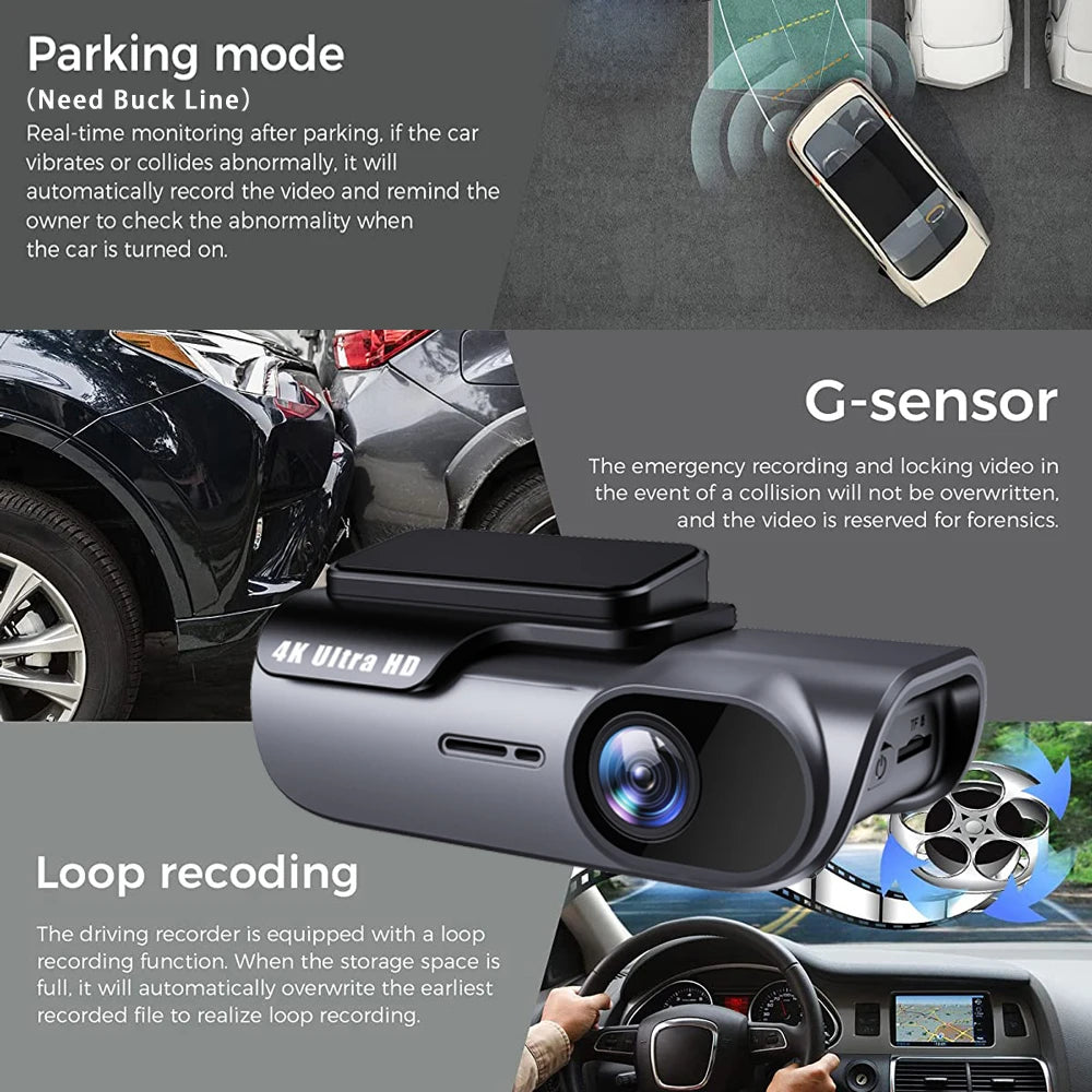 Dashcam WiFi 4K 3840x2160P — Vision Nocturne Surveillance 24H Boîte Noire