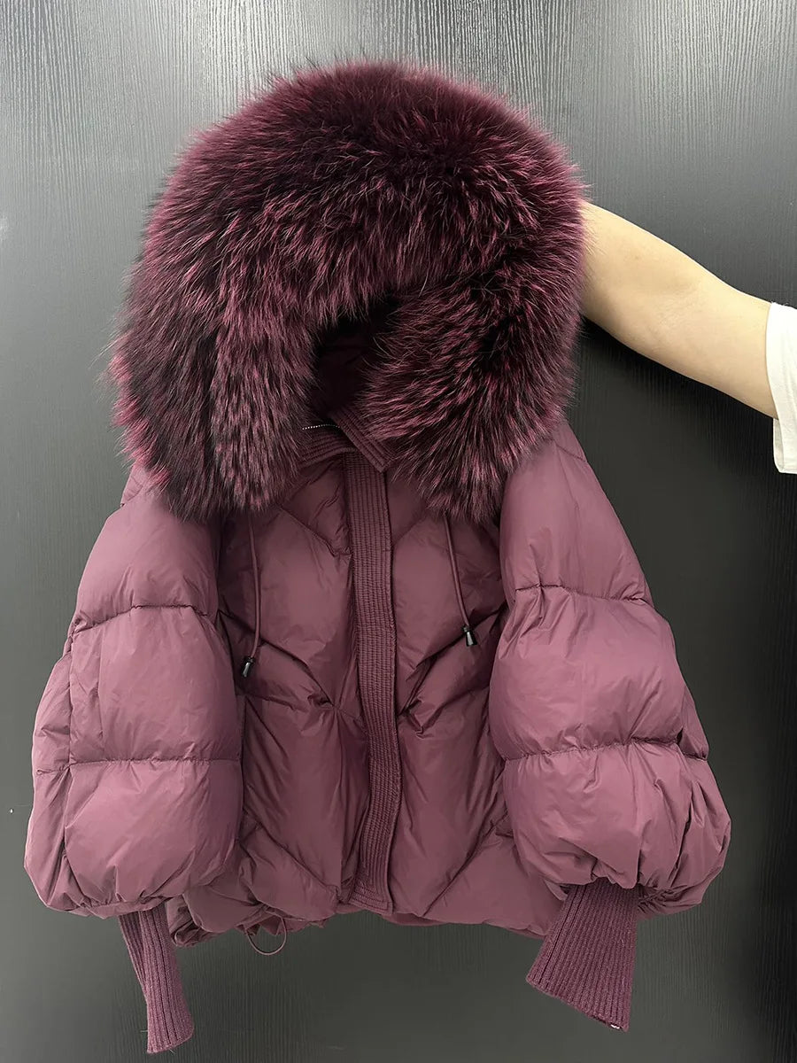 Invierno con capucha natural de cuello grande de piel, plumífero corto de mujer, ropa de abrigo de plumón de pato blanco, manga de farol, chaqueta acolchada cálida de mujer