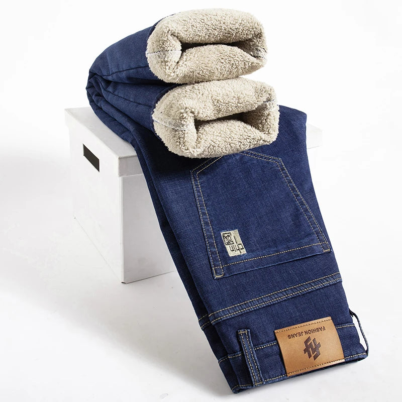Winter Lamb Plush Denim Straight Pants Men Thicken Plus Size 40 High Waist Jeans Stretch Warm Fleece Lined Slim Vaqueros