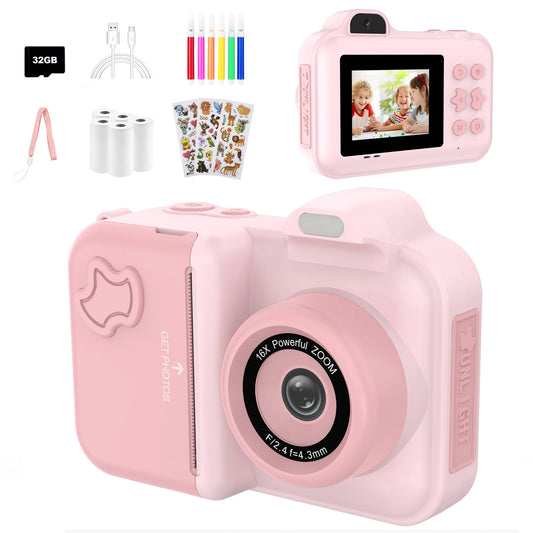 Kids Digital Camera, Instant Print, Dual Lens, 1080P HD Video Recording, 32G, for Boys and Girls, Christmas Gifts, Toys