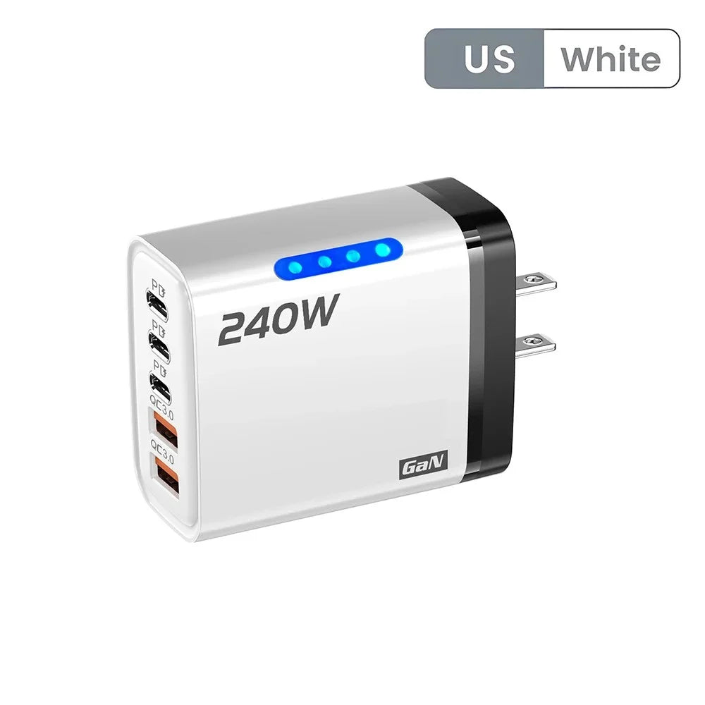 240W 5-in-1 GaN Phone Charger, 10A Fast Charging Adapter, USB to Type-C Cable, 3 PD Ports, 2 USB Ports, for iPhone 16 15 Pro, Xiaomi
