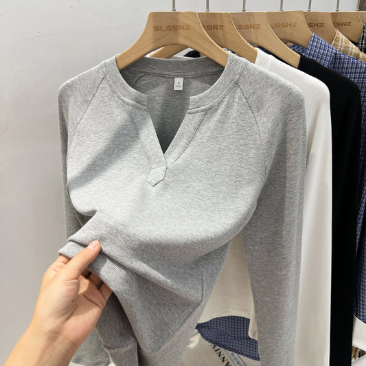 T-shirt basique ajusté à col en V et manches longues pour femme, style coréen, polyvalent, simple, couche de base, décontracté, collection 2026
