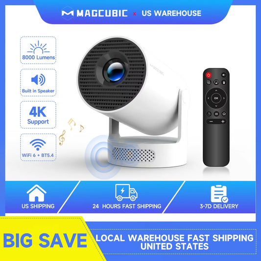 Proyector Magcubic HY300 Pro+ 4K 720P con altavoz de 5W Android 11 8000 lúmenes WiFi 6 BT5.4 Proyector de video para cine en casa y exteriores