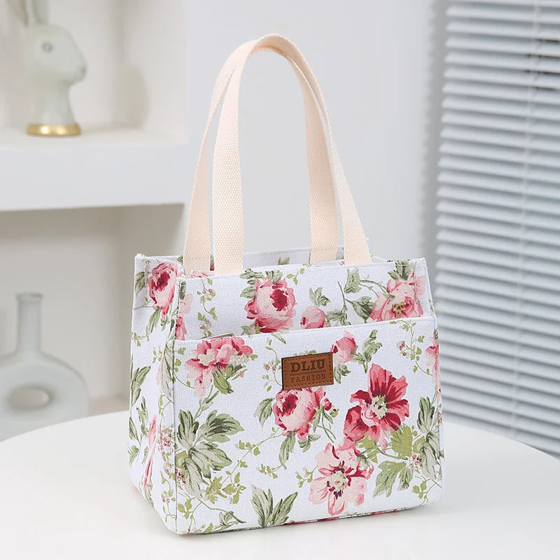 Bolsa de almuerzo estética con estampado floral, bolsa bento aislada de gran capacidad, bolsa térmica para la escuela, el trabajo, los viajes y pícnic