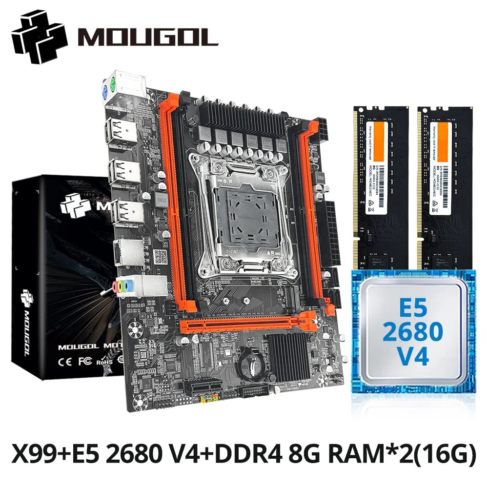 Kit de carte mère MOUGOL X99 avec processeur Intel Xeon E5 2680 V4 et DDR4 8Gx2 2133 MHz, RAM double canal M.2 NVME pour ordinateur de bureau de jeu