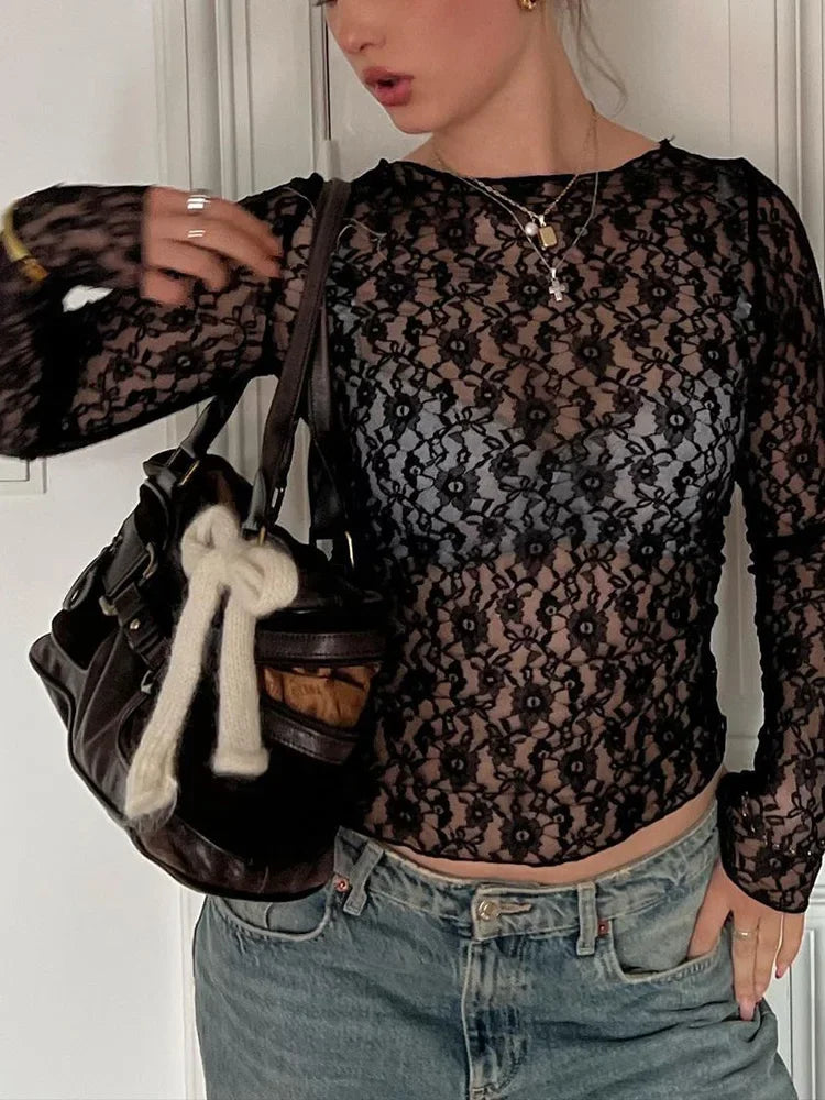 Mooyufon Camiseta de manga larga transparente de encaje corta ajustada y sexy para mujer, para fiesta, discoteca, otoño e invierno