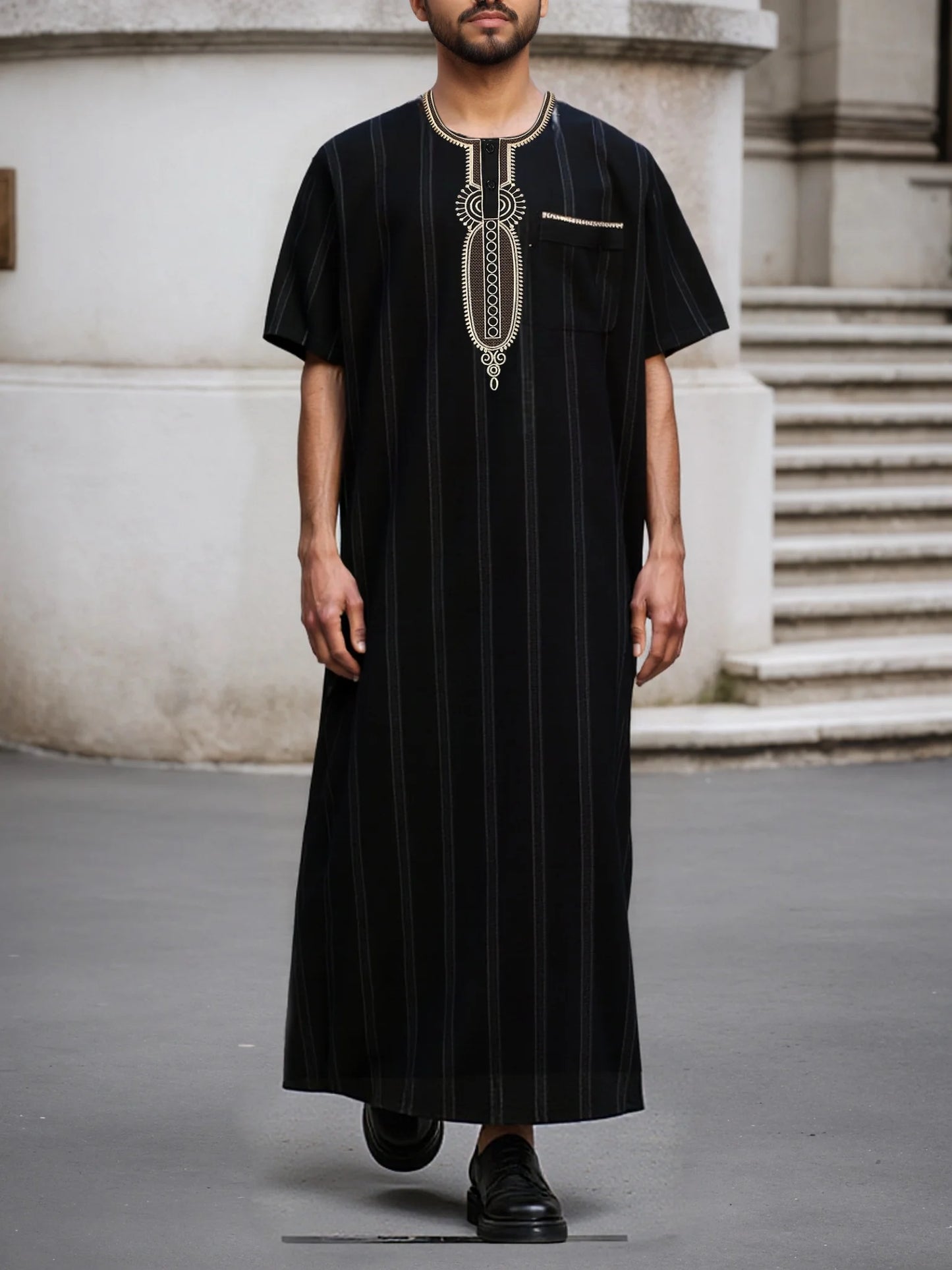 Thobe pour hommes marocain, manches longues style ethnique brodé col montant conception de fermeture éclair hommes musulmans à la mode Abaya fest arabe