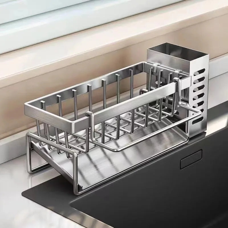 Stainless Steel Multifunctional Sink Cleaning Tools Storage Rack, Kitchen Sponge Scrubber Organizer, Dishcloth Hanger
