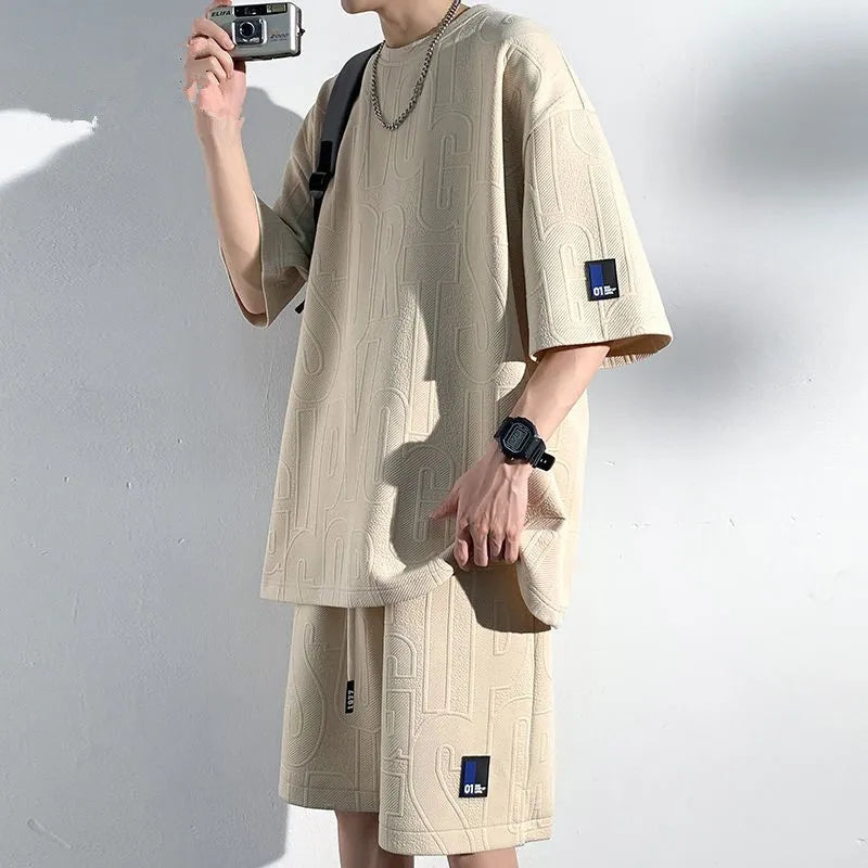 Ensemble d'été homme 2026 — T-shirt décontracté et short en tissu gaufré, survêtement uni ample