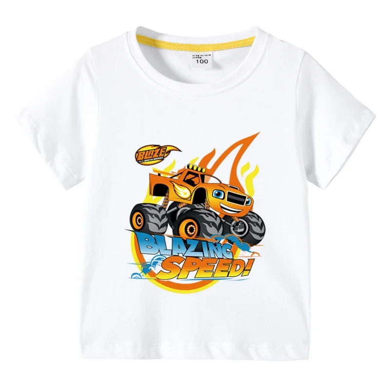 Kids' Short Sleeve Cotton T-shirt, Funny Cartoon Print, Blaze and the Monster Machines Series