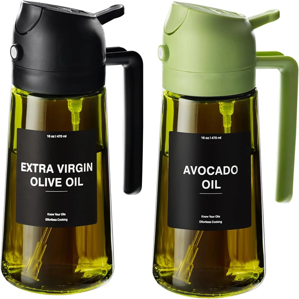 Pulvérisateur d'huile pour la cuisine de 470 ml, distributeur d'huile d'olive 2 en 1 et flacon pulvérisateur d'huile, vaporisateur d'huile avec autocollants, flacon pulvérisateur en verre épais