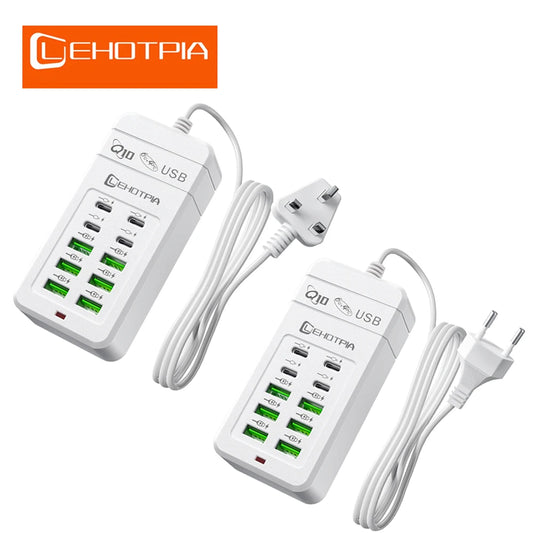 Multi-Fast USB Charger, EU UK US Plug, Power Adapter, 1.2m Extension Cord, 6 USB-A 4 USB-C, Portable for Mobile Phone