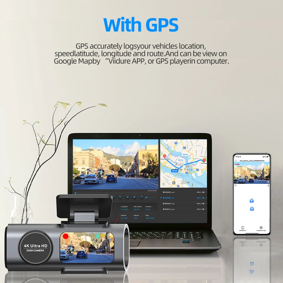 4K UHD Car Dash Cam, Night Vision DVR Video Recorder, Built-in Wi-Fi, 24H Parking GPS Support