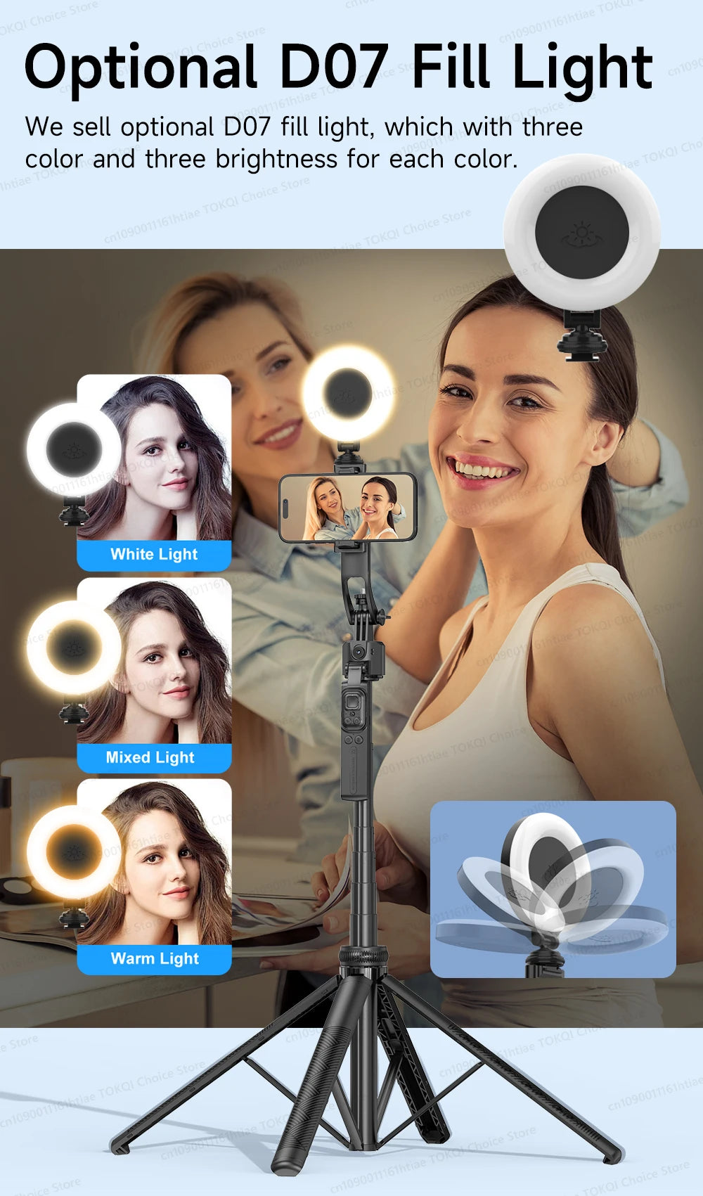 TOKQI C17 – Trépied selfie 360° avec suivi IA automatique, télécommande et lumière de remplissage