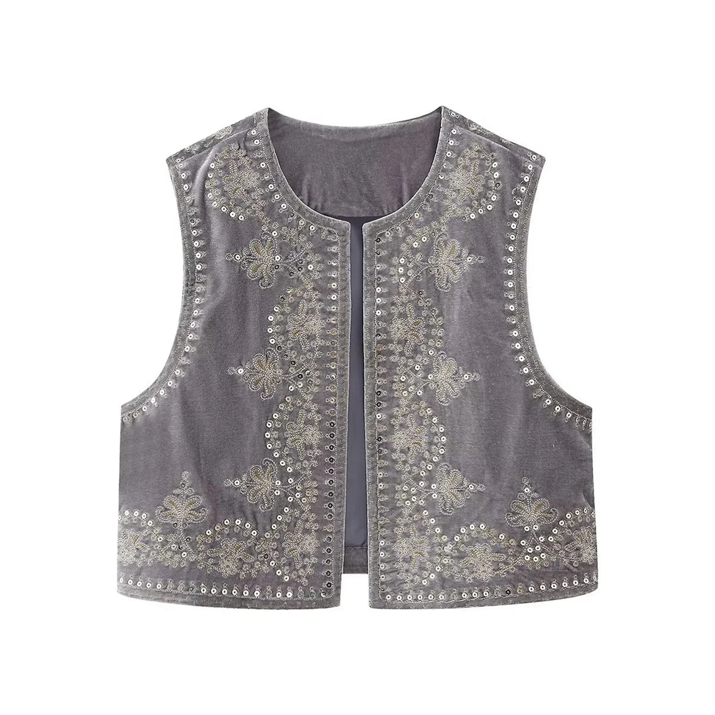 Chaleco bordado negro Vintage con estampado Floral para mujer, sin mangas, frente abierto, corto, versátil, ropa de abrigo y2k, cárdigan Boho corto