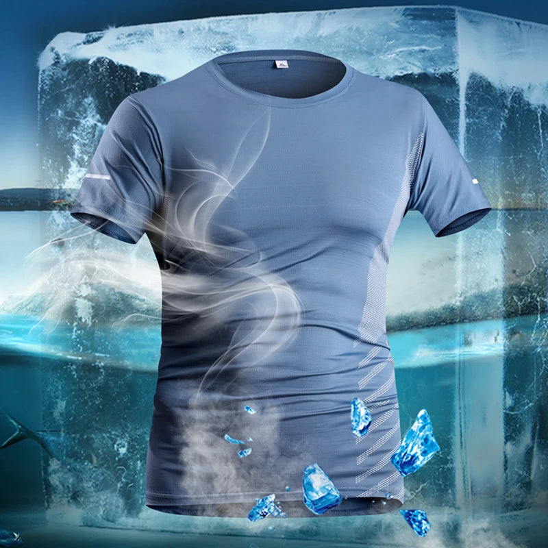 Men's Short Sleeve Running T-Shirt, Thin Ice Silk Top, Reflective Print, Quick Dry, Breathable, Fitness, Sport, 5XL