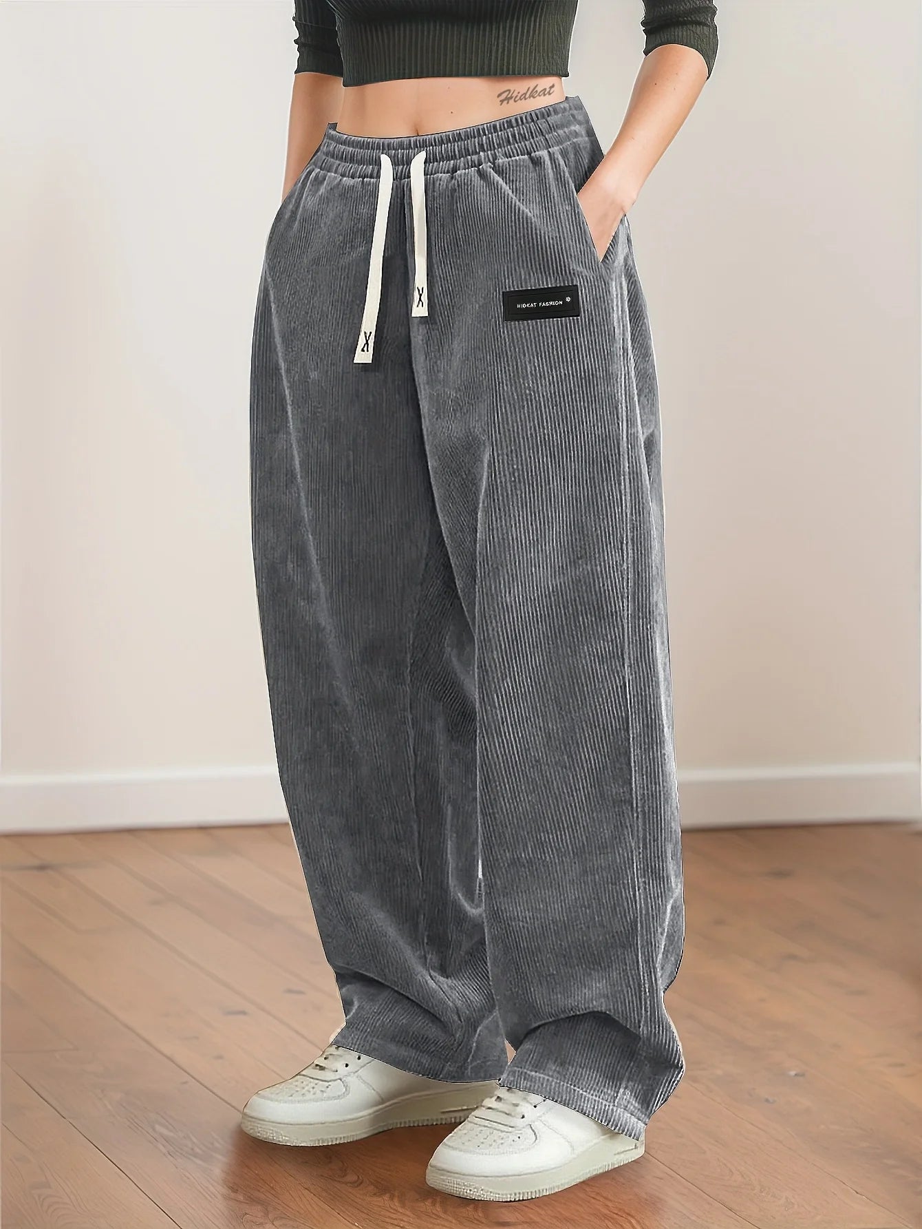Women's Corduroy Pants, Straight Leg Drawstring Waist Trousers with White Piping, Casual All Seasons to Semi-Formal