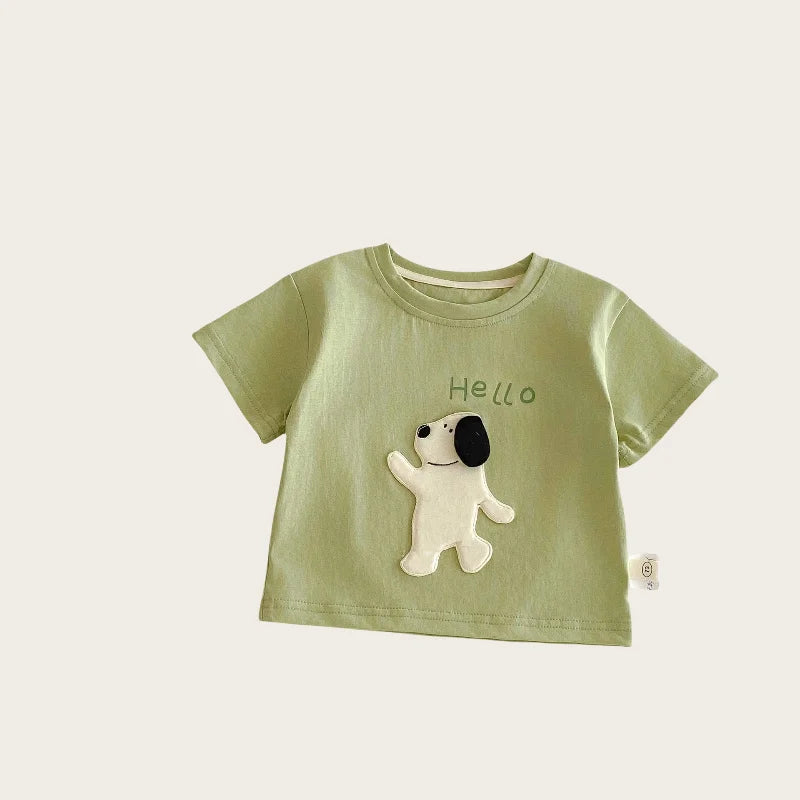 Nouvelle collection été 2026 : T-shirt décontracté à manches courtes pour enfants (0-5 ans) avec patchs de dessins animés mignons et imprimé lettres – Doux et confortable pour filles et garçons